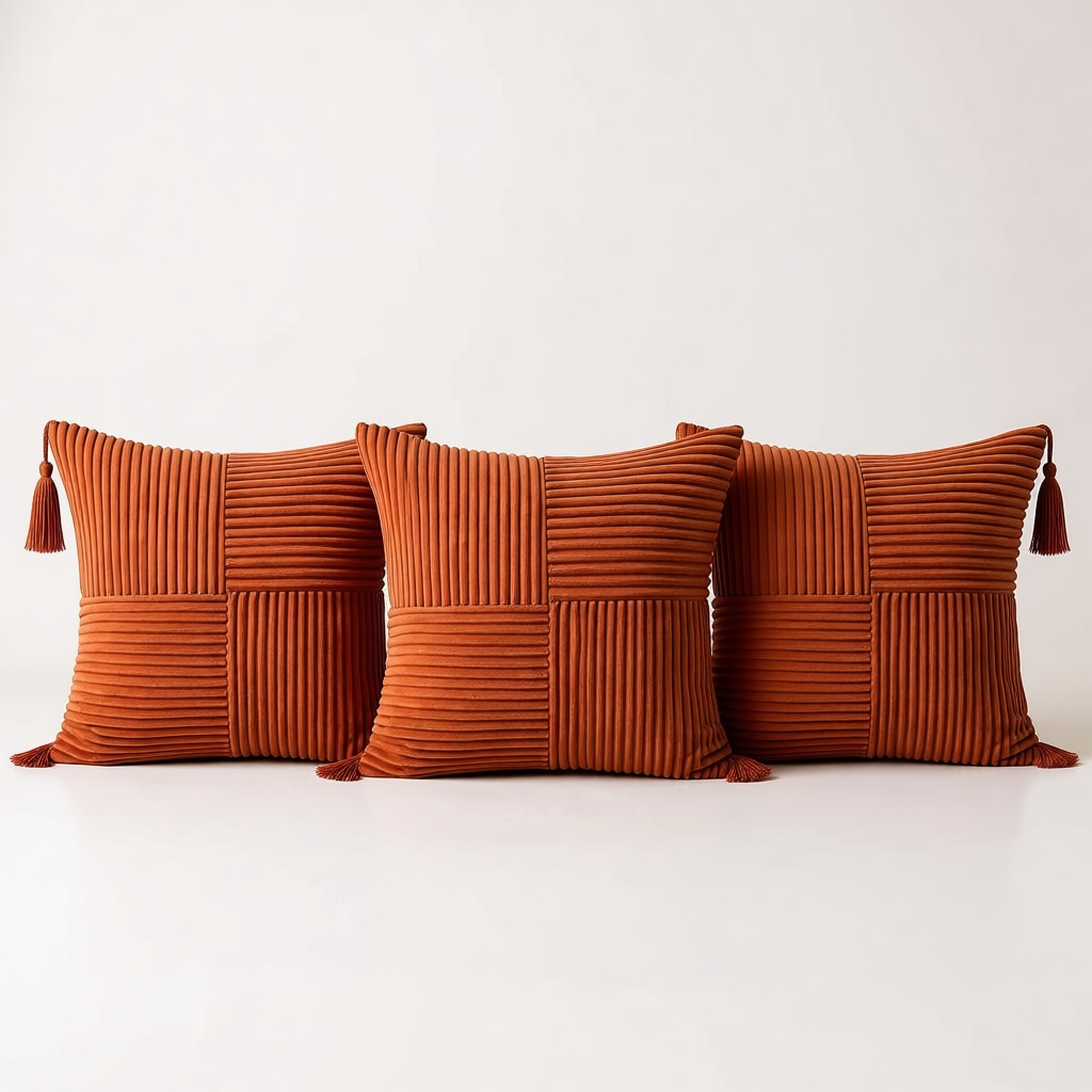 Rust Corduroy Patchwork Cushion shown in full