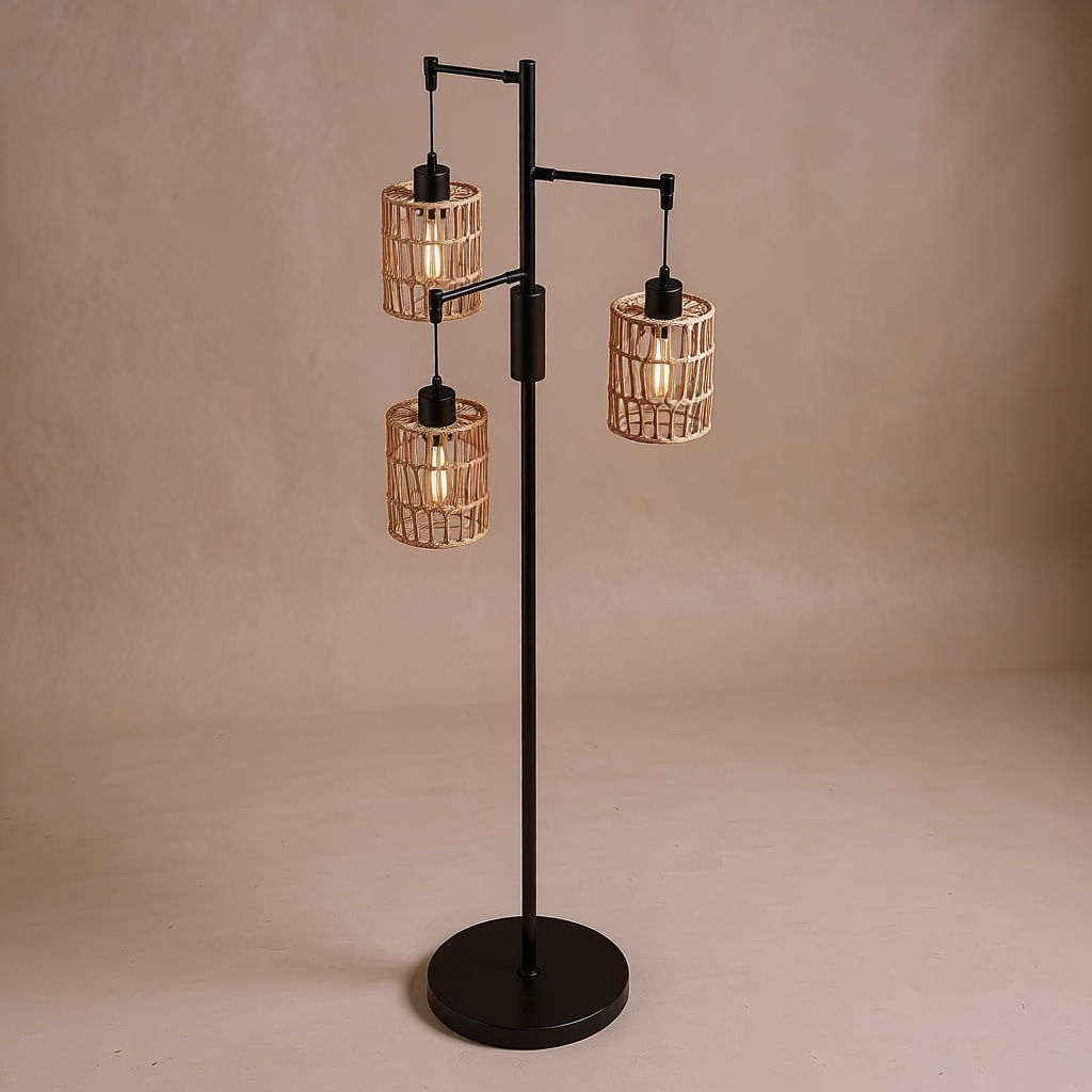 Dimmable Three-Shade Rattan Floor Lamp