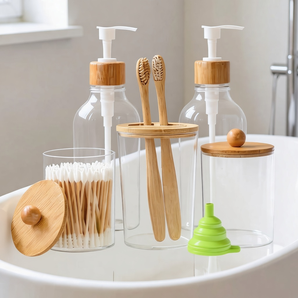 Clear Glass & Bamboo Bath Set
