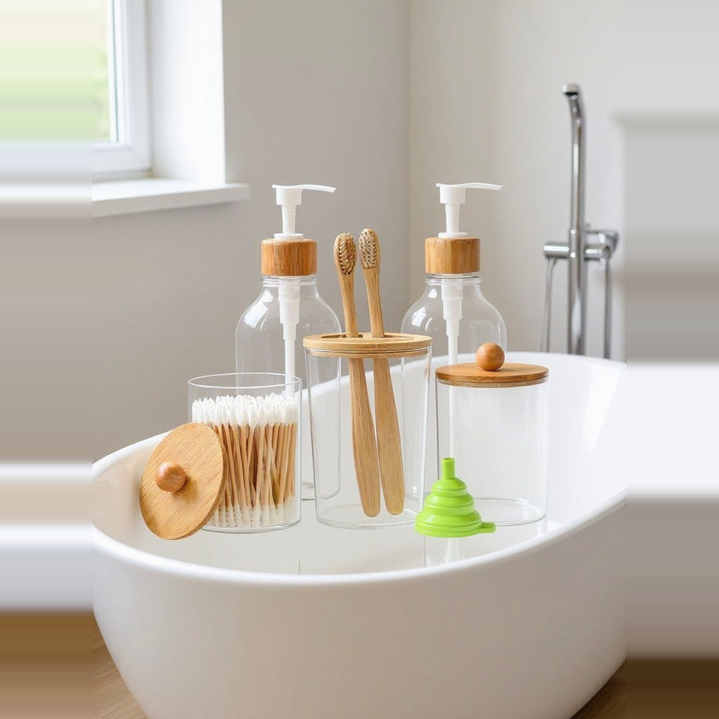 Clear Glass & Bamboo Bath Set