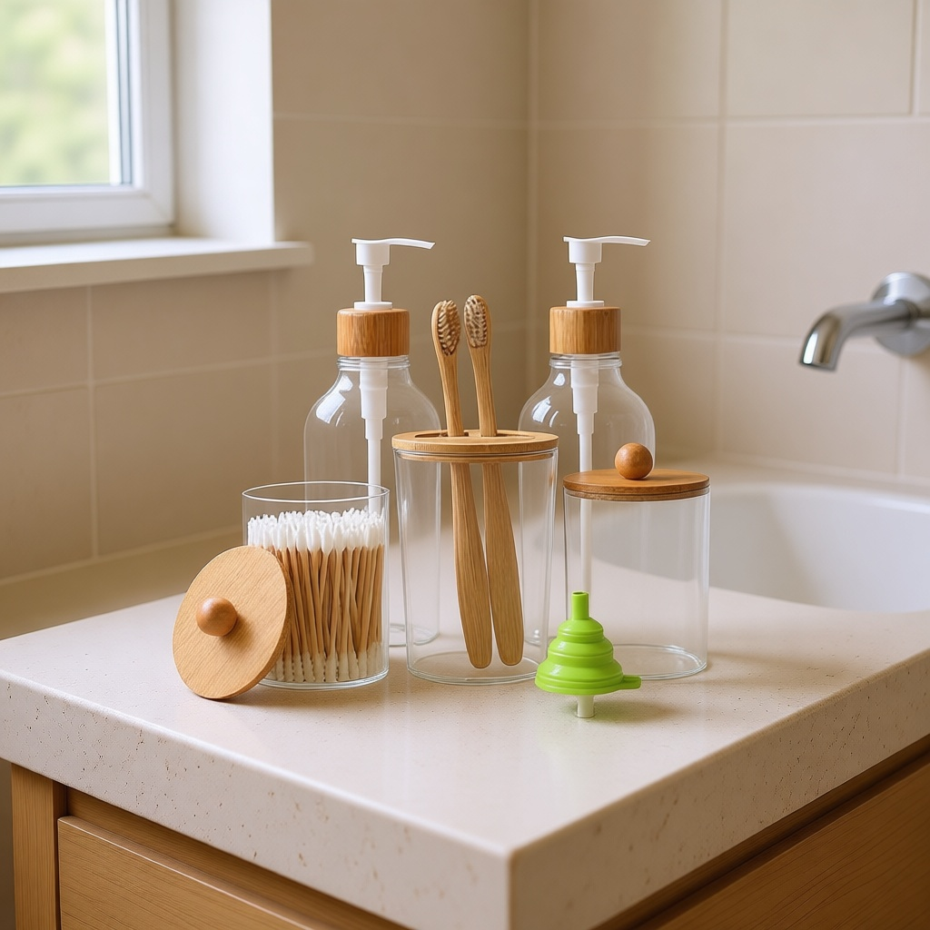 Clear Glass & Bamboo Bath Set