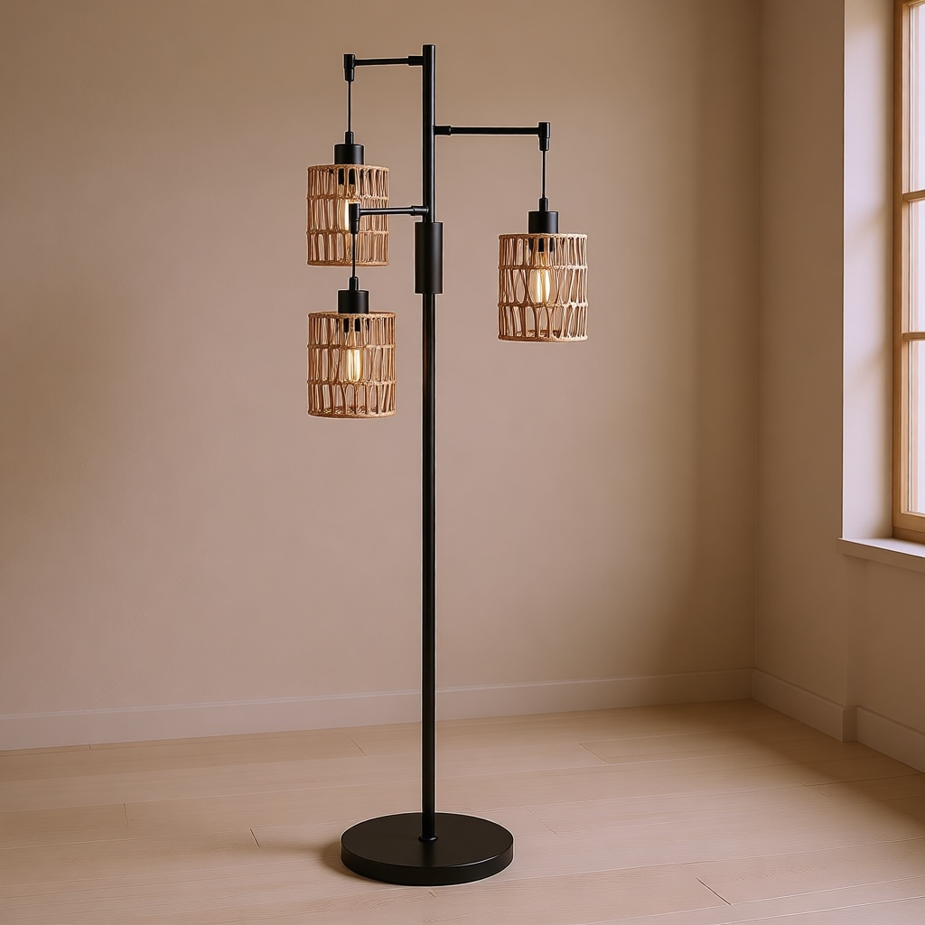 Dimmable Three-Shade Rattan Floor Lamp