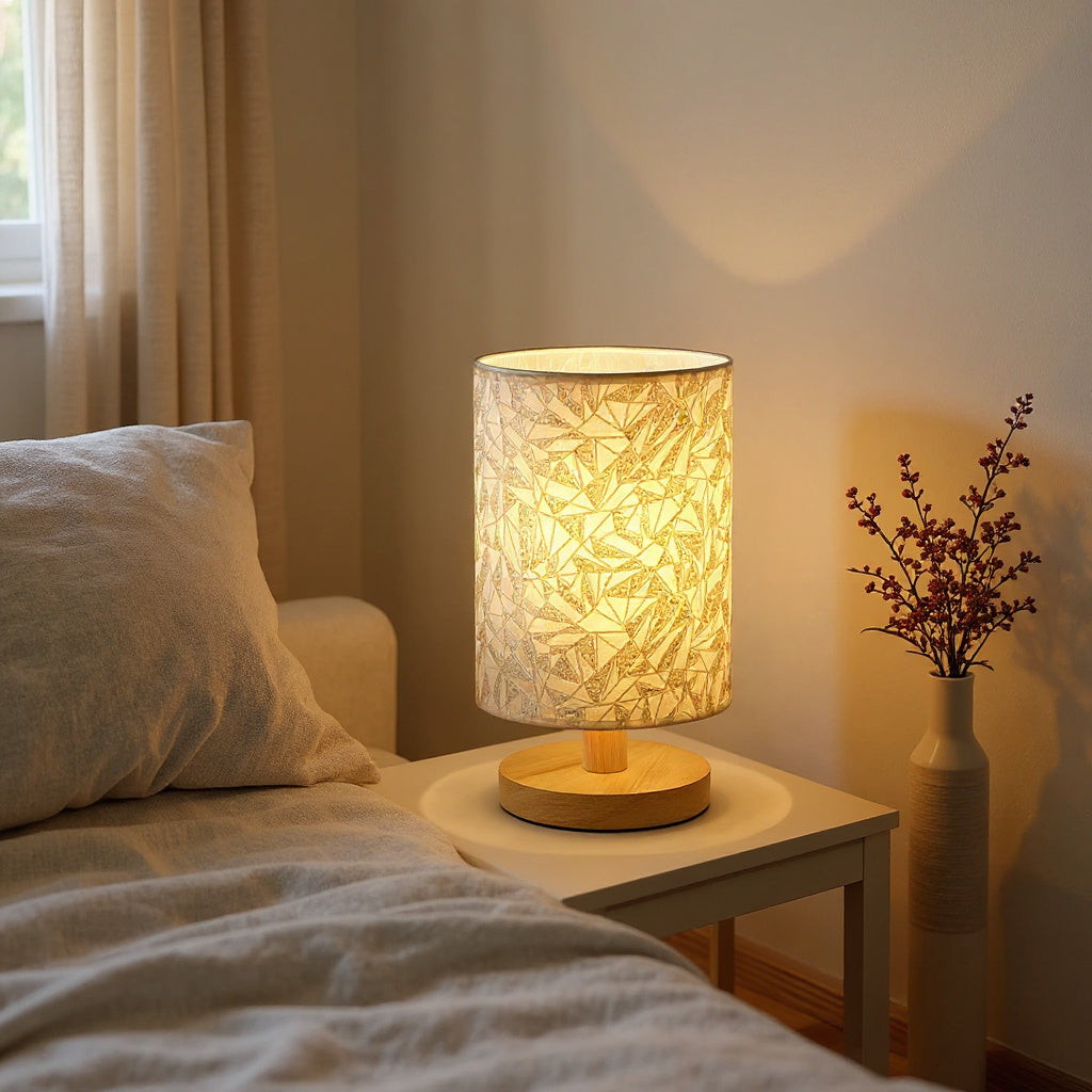 Linen Bedside Lamp with Wood Base