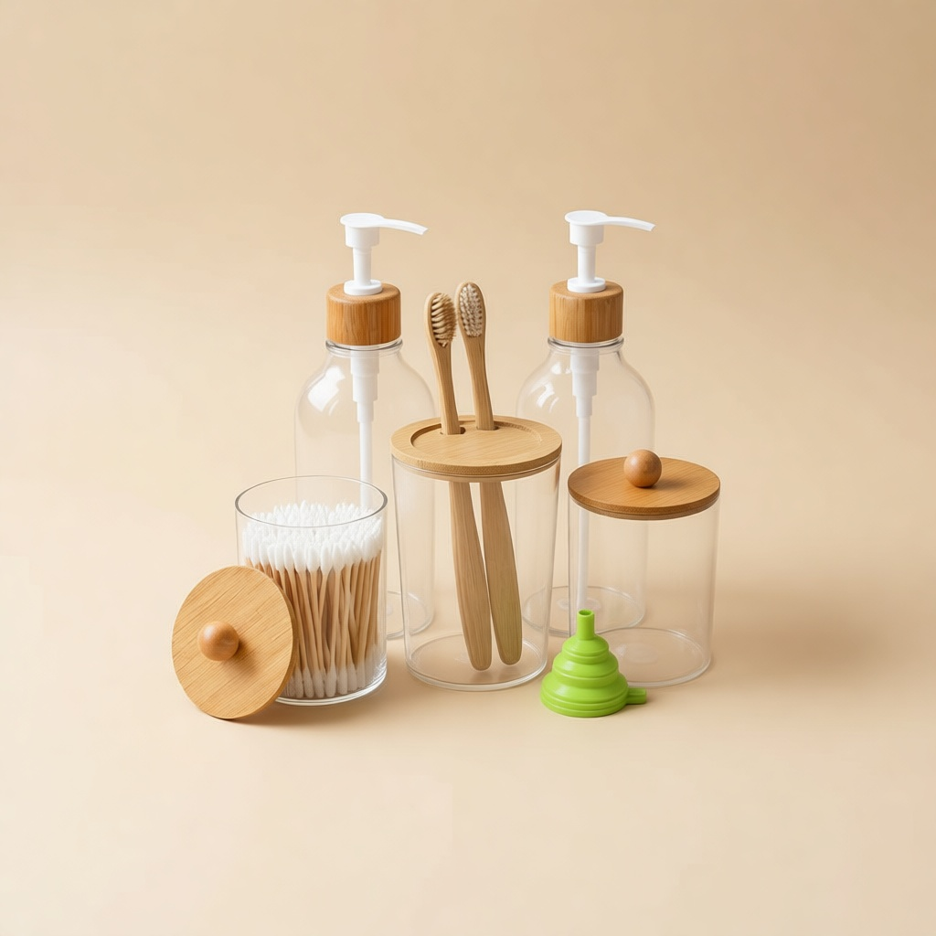 Clear Glass & Bamboo Bath Set