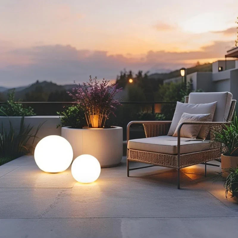 Globe lights on a terrace with seating