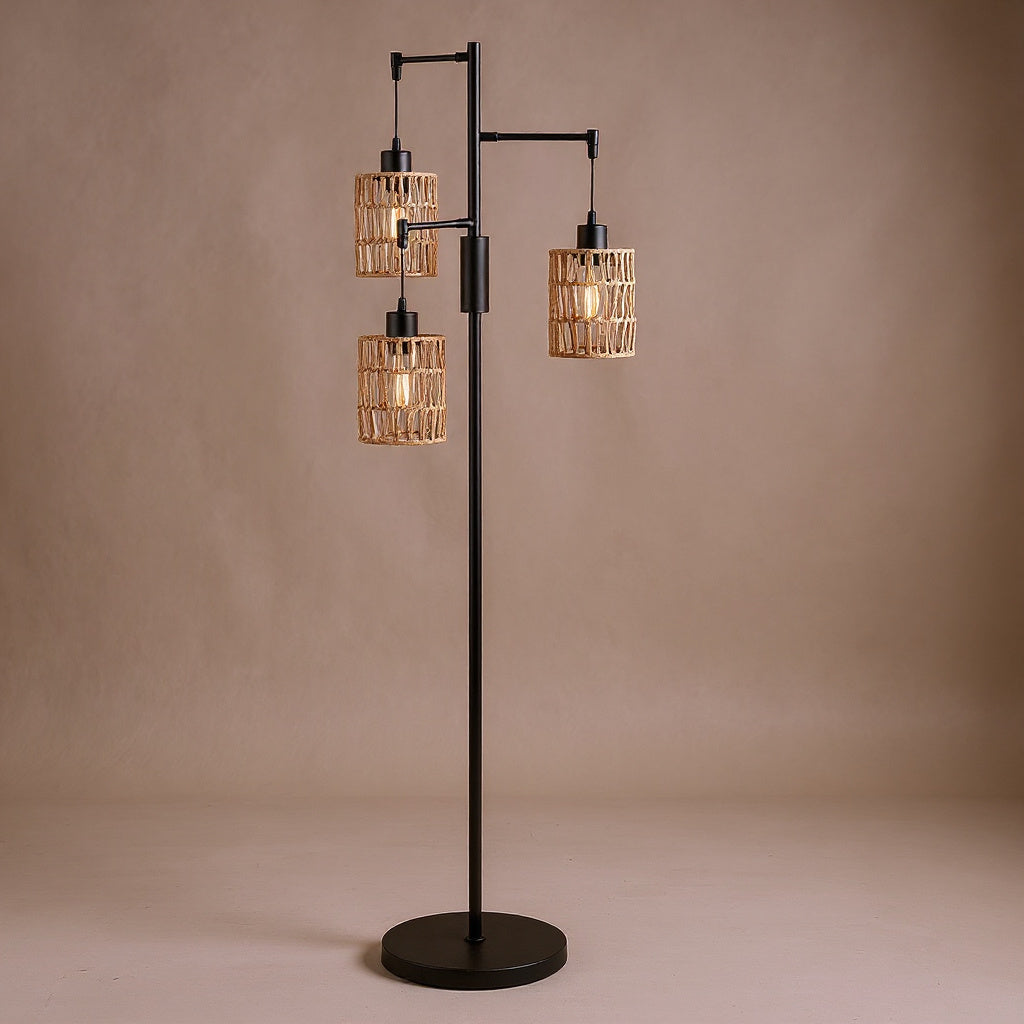 Dimmable Three-Shade Rattan Floor Lamp