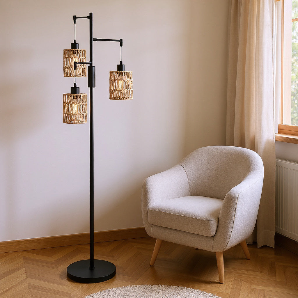 Dimmable Three-Shade Rattan Floor Lamp