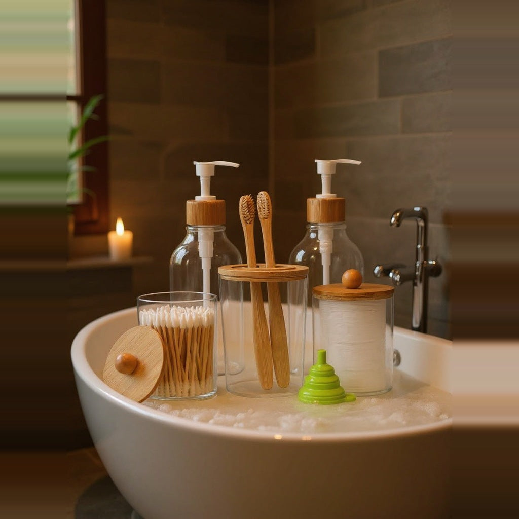 Clear Glass & Bamboo Bath Set
