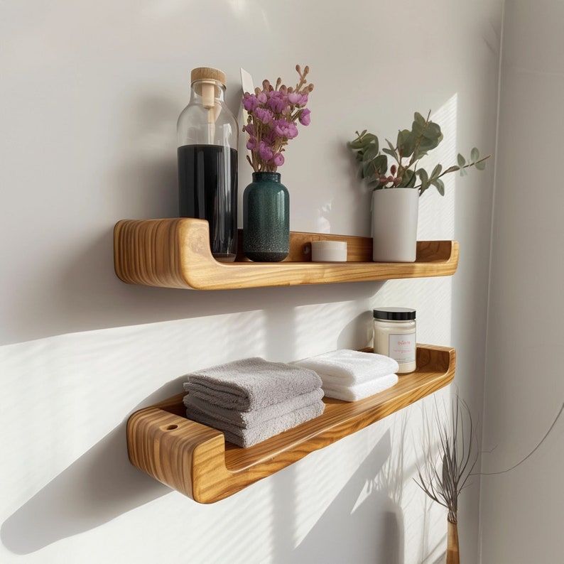 Riva Live Edge Floating Shelf, pair mounted on a white wall