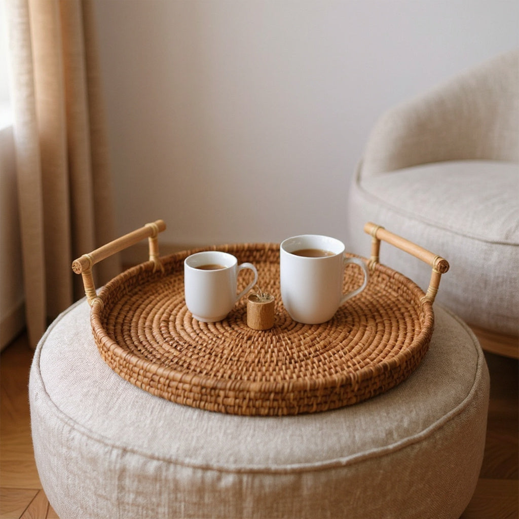 Rata Rattan Tray — in use at home