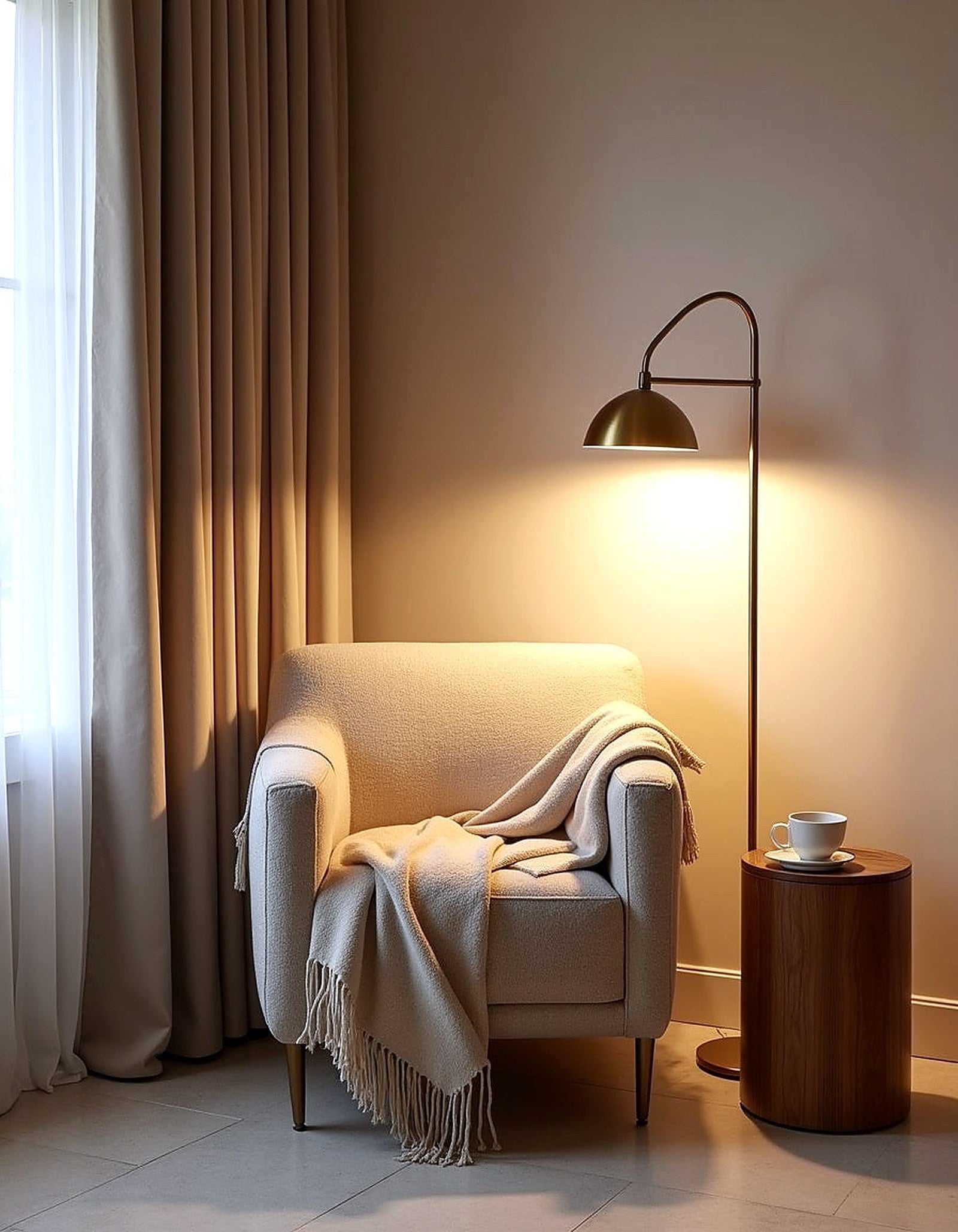 Armchair and floor lamp in a calm neutral interior