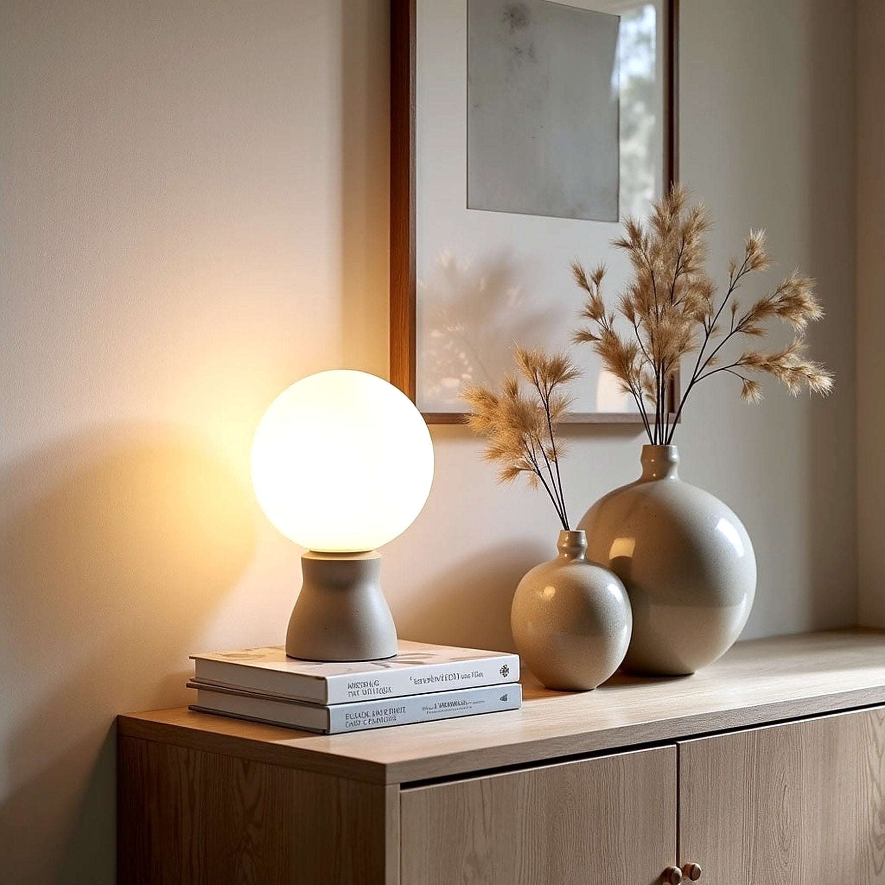Sideboard with a globe lamp, vases and dried grasses