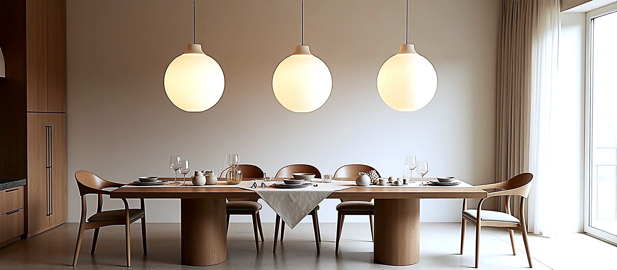 Dining room with three sculptural pendant lights